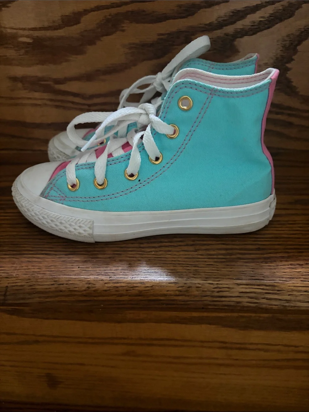 Converse Custom Kids High-Top Canvas Sneakers Turquoise w/Pink Accent - Sz 11.5